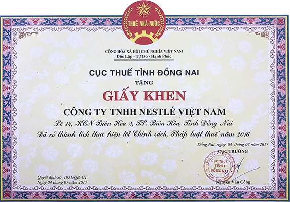 Nestlé VN lần thứ 5 liên tiếp nhận bằng khen của Cục Thuế Đồng Nai