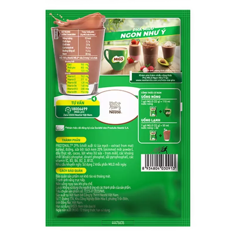 MILO GÓI BỘT SỮA 3 TRONG 1 22G Back