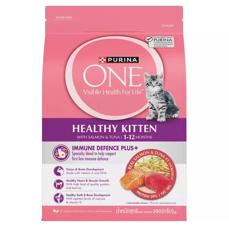 Thức ăn hỗn hợp hoàn chỉnh PURINA ONE cho mèo con dưới 1 tuổi vị cá hồi và cá ngừ 380g