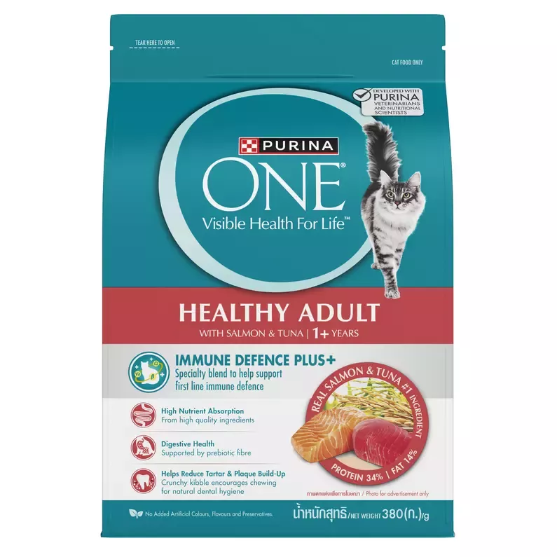 Thức ăn hỗn hợp hoàn chỉnh PURINA ONE cho mèo trưởng thành vị cá hồi và cá ngừ 380g