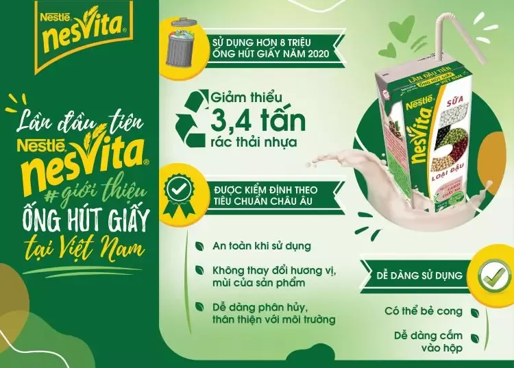 Sữa Nestlé Nesvita 5 loại đậu sử dụng ống hút giấy bảo vệ môi trường